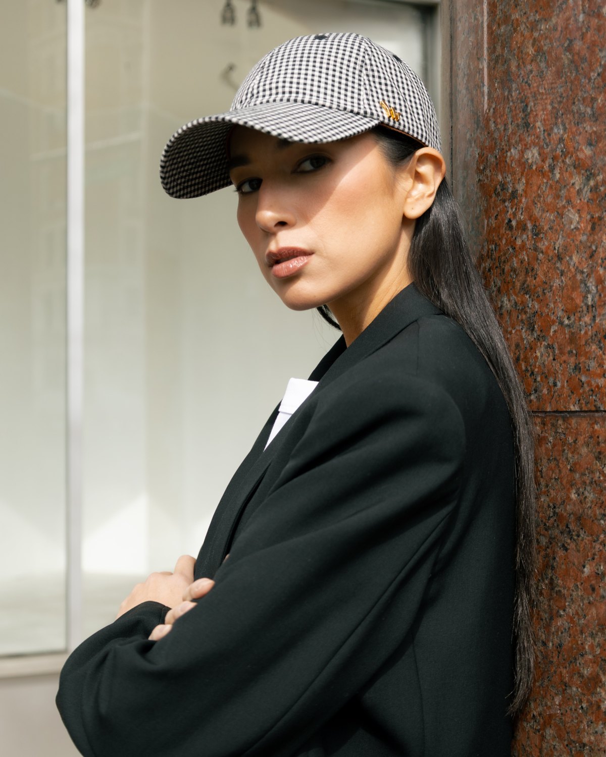 ShopChord gingham cap styled on model