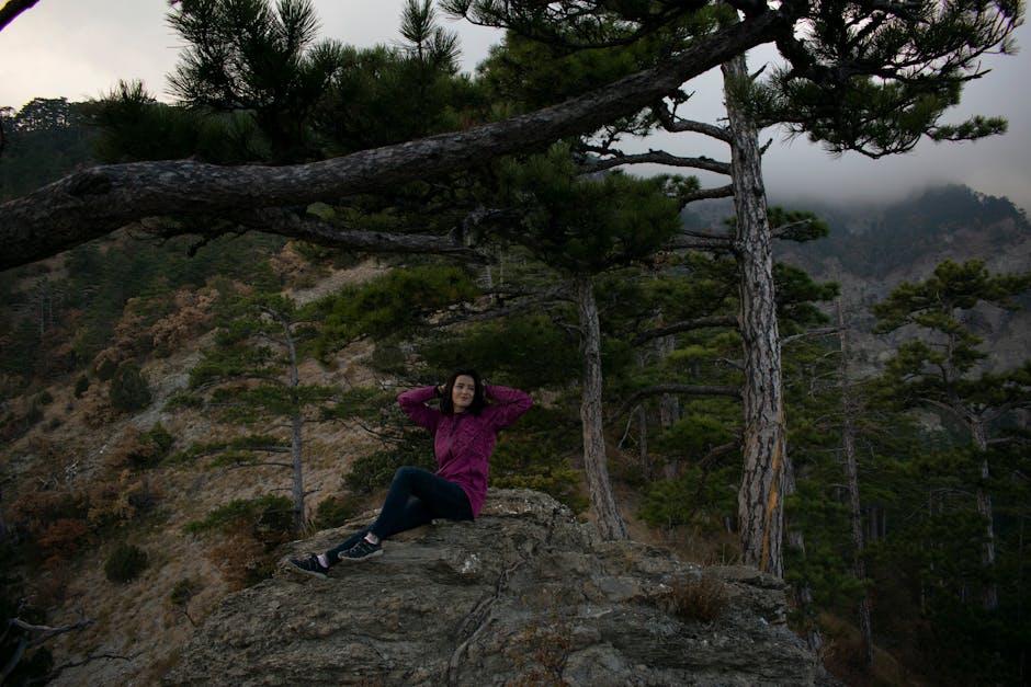 A woman in a purple jacket relaxes on a rocky ledge in a serene, misty forest, surrounded by tall trees.