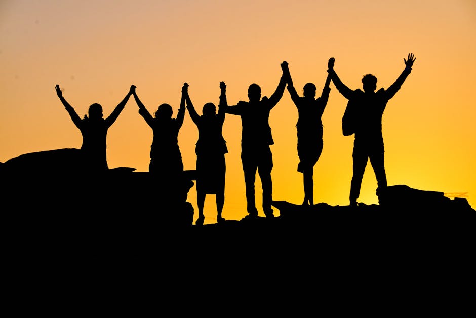 A group of silhouetted people holding hands triumphantly at sunset.