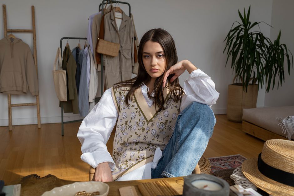 Stylish woman in casual outfit poses in a modern home with clothing rack and decor.